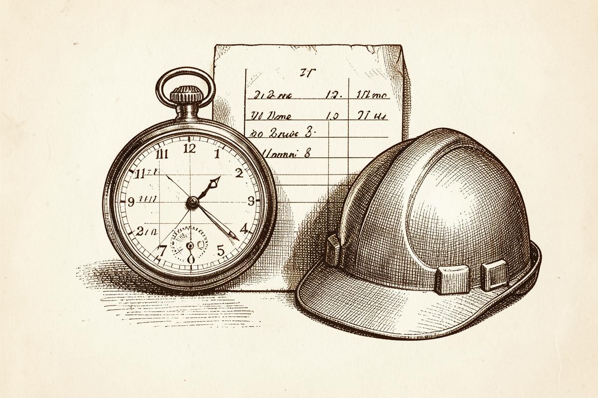 Engraving of a pocket watch, timesheet and hard hat