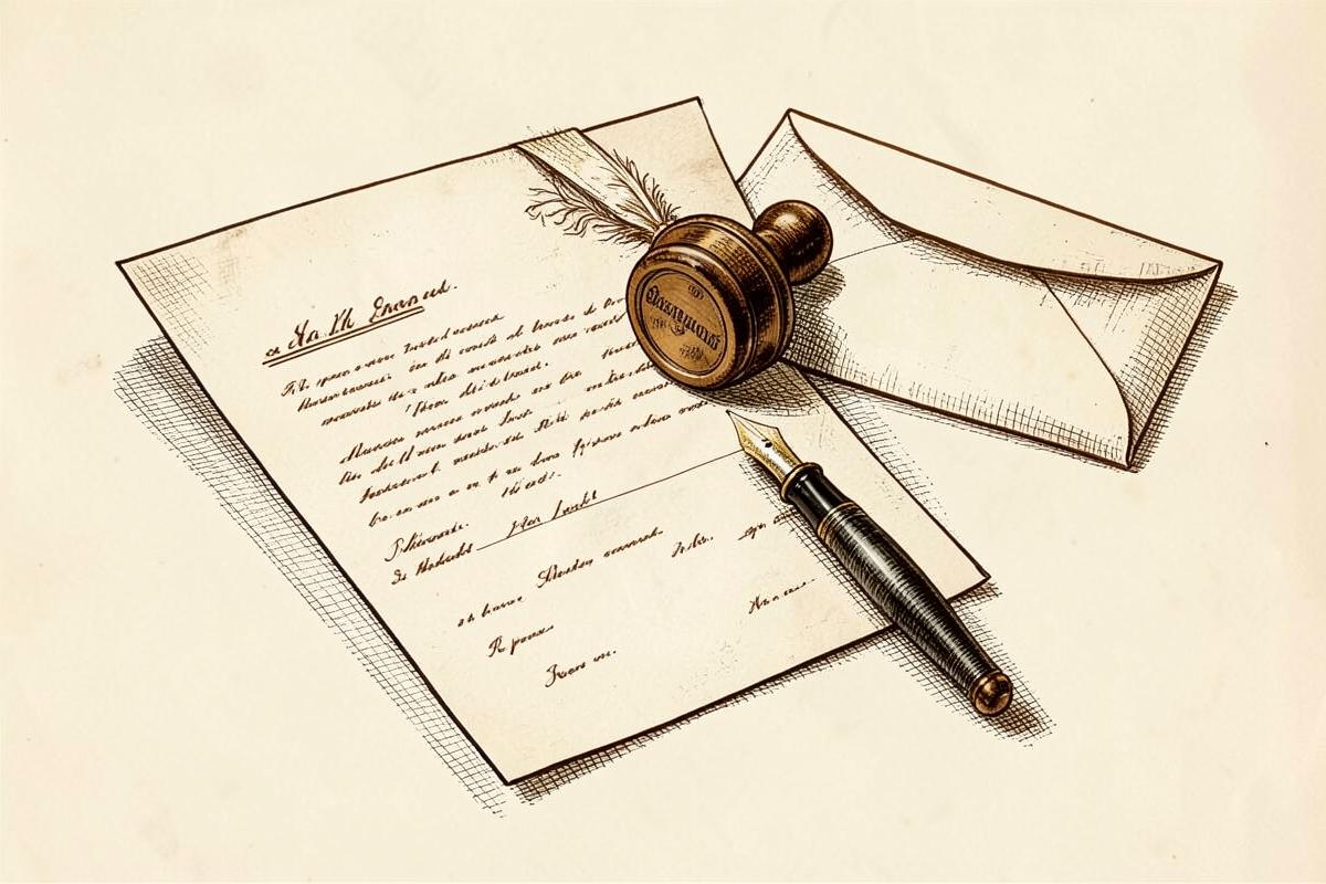 Engraving of a sealed invoice letter and fountain pen