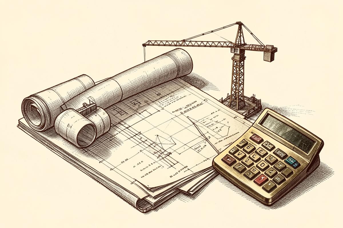 Engraving of blueprints, a crane and a calculator