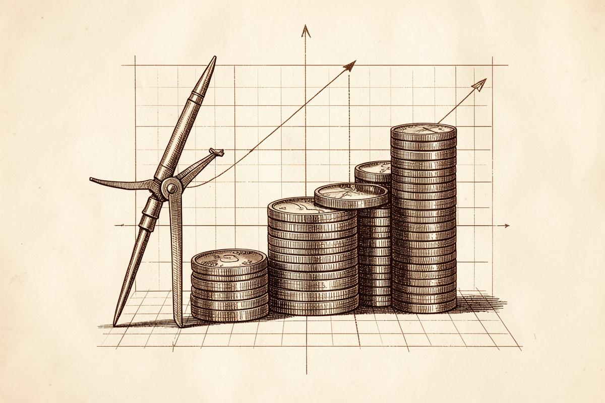 Engraving of a rising chart with coin stacks and drafting tools